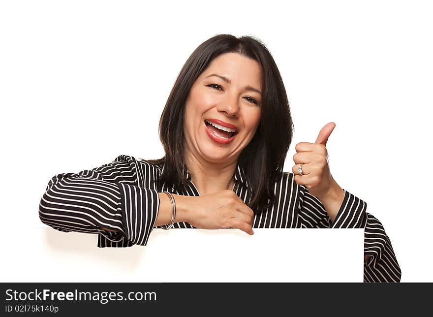 Multiethnic Woman Leaning On Blank White Sign