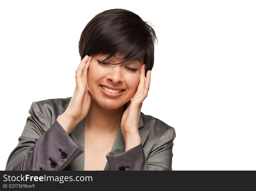 Multiethnic Young Adult Woman with Headache Isolated on a White Background.