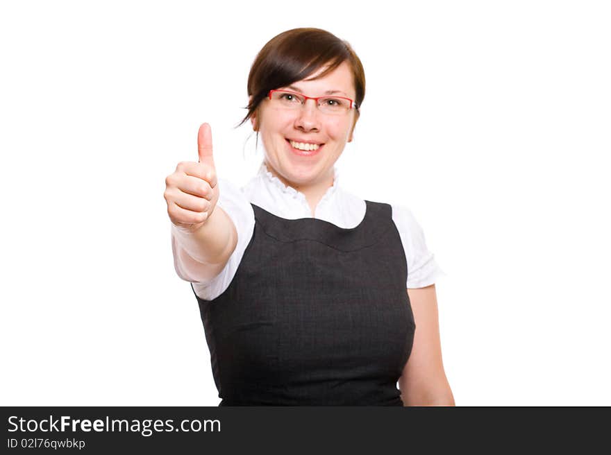 Happy young businesswoman, thumb up, isolated