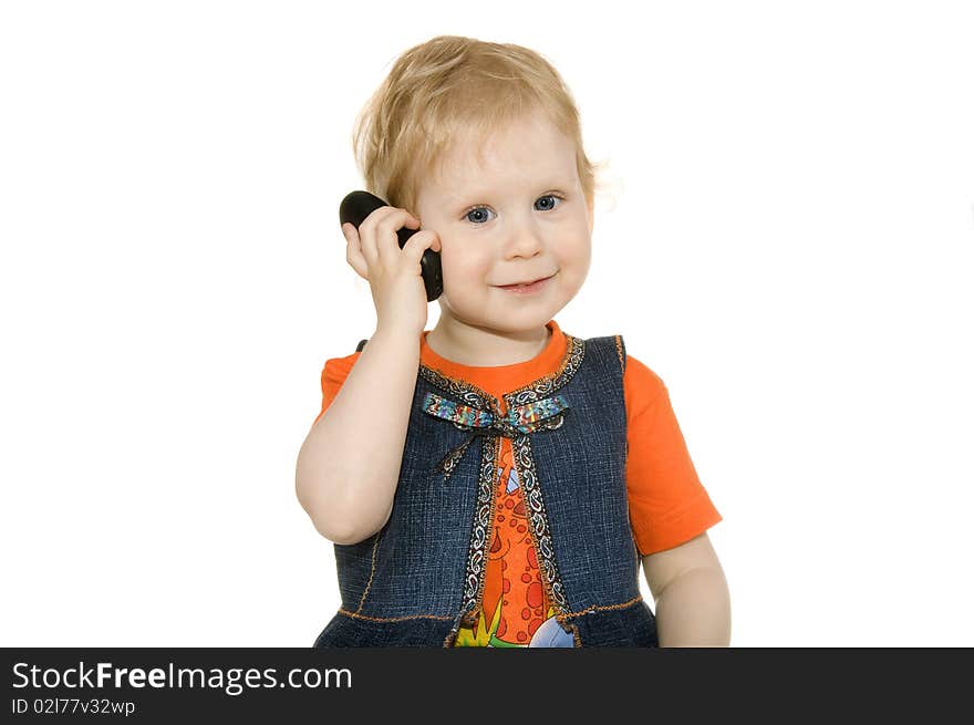 Girl with telephone insulated on white background