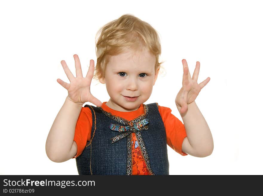 Girl with raise hands on white background