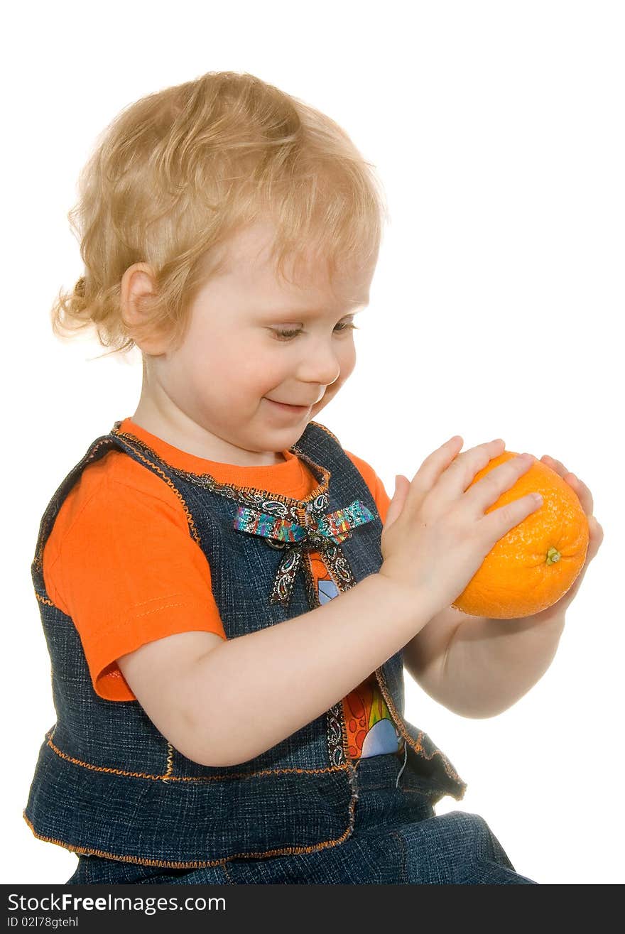 Girl with orange is insulated on white background