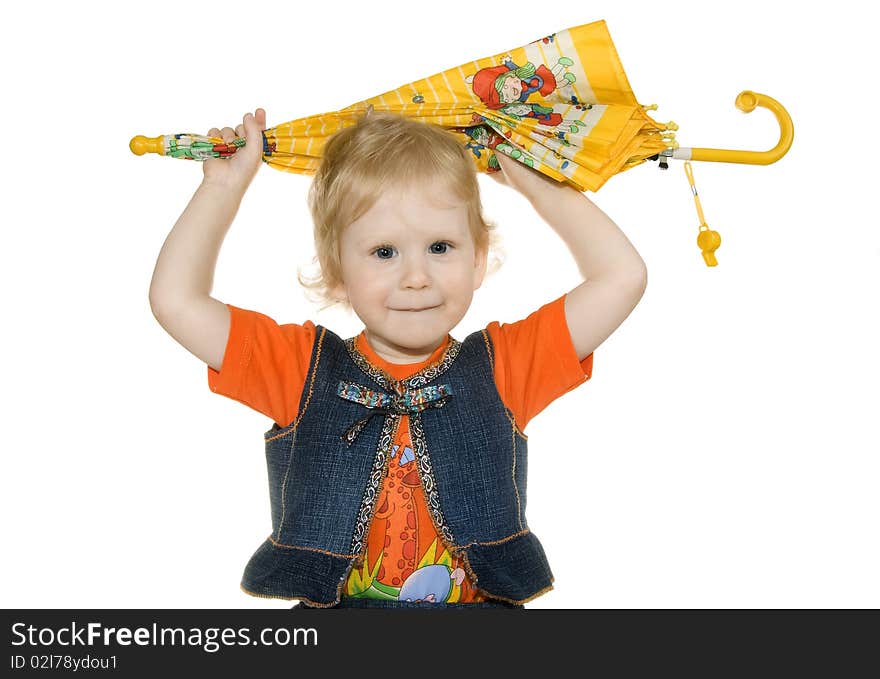 Girl with umbrella is insulated on white background