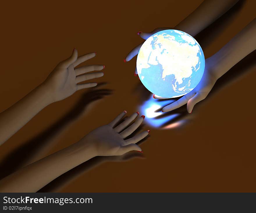 Two hands that transmit blue Glowing Globe. On dark background. Two hands that transmit blue Glowing Globe. On dark background