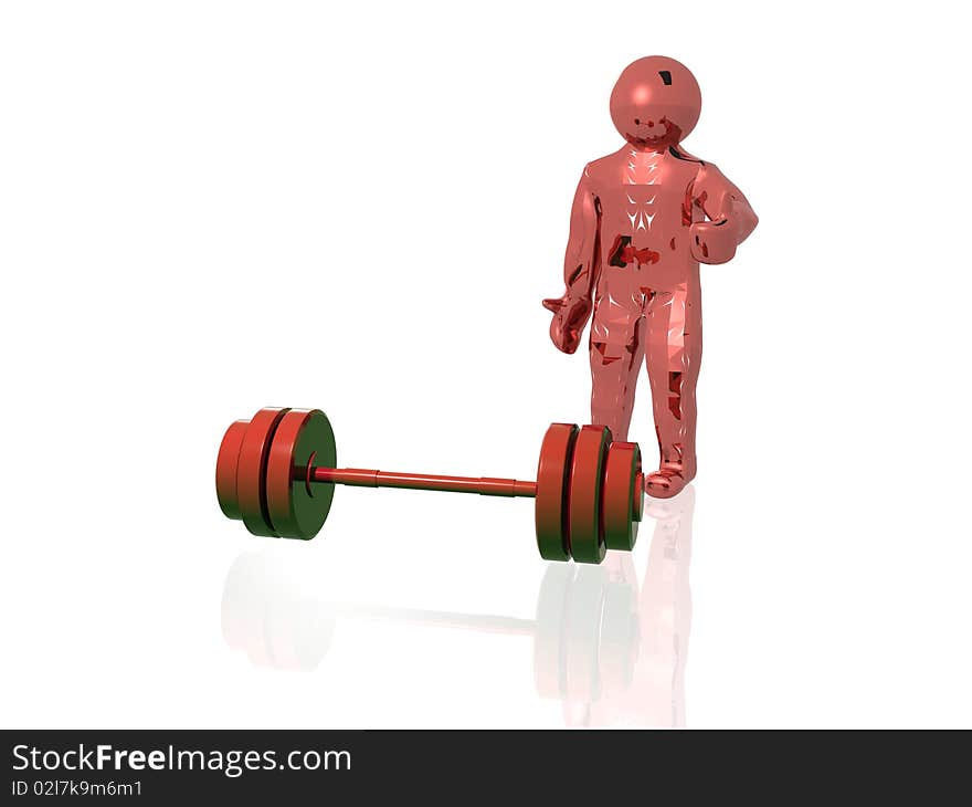 Red man with dumbbell on white reflective background.