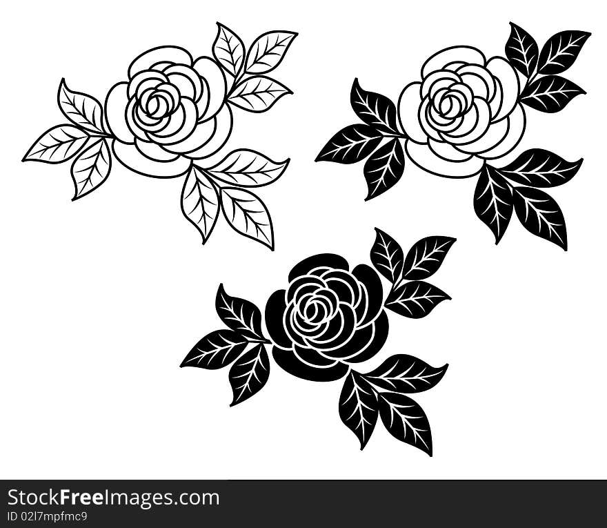 Three illustration of a rose , black-and-white execution. Three illustration of a rose , black-and-white execution