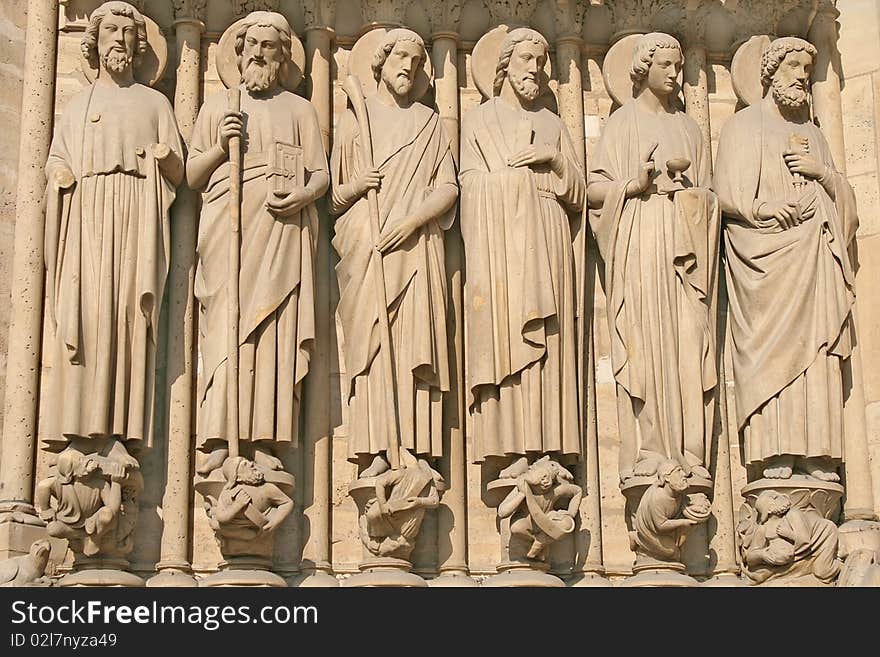 Notre dame cathedral main entrance element, Paris, France