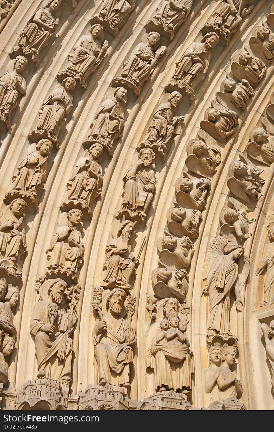 Notre dame cathedral main entrance element, Paris, France