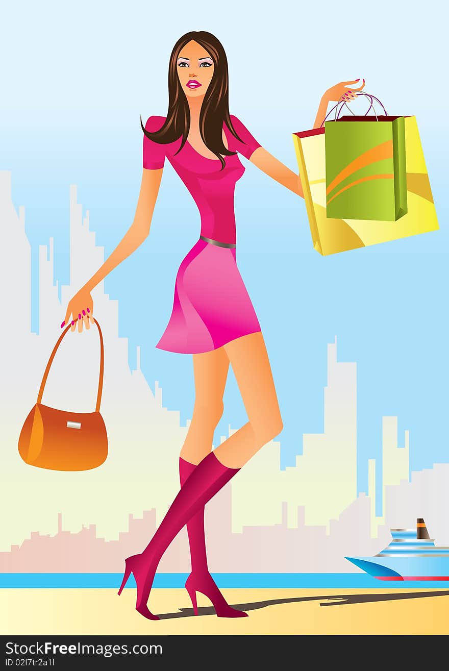 Fashion shopping girls with shopping bag -  illustration