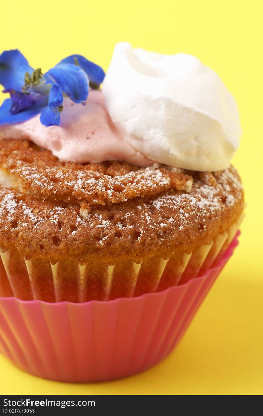 Miniature cupcake filled with lemon cream and decorated with meringue and blue flower on white background. Miniature cupcake filled with lemon cream and decorated with meringue and blue flower on white background