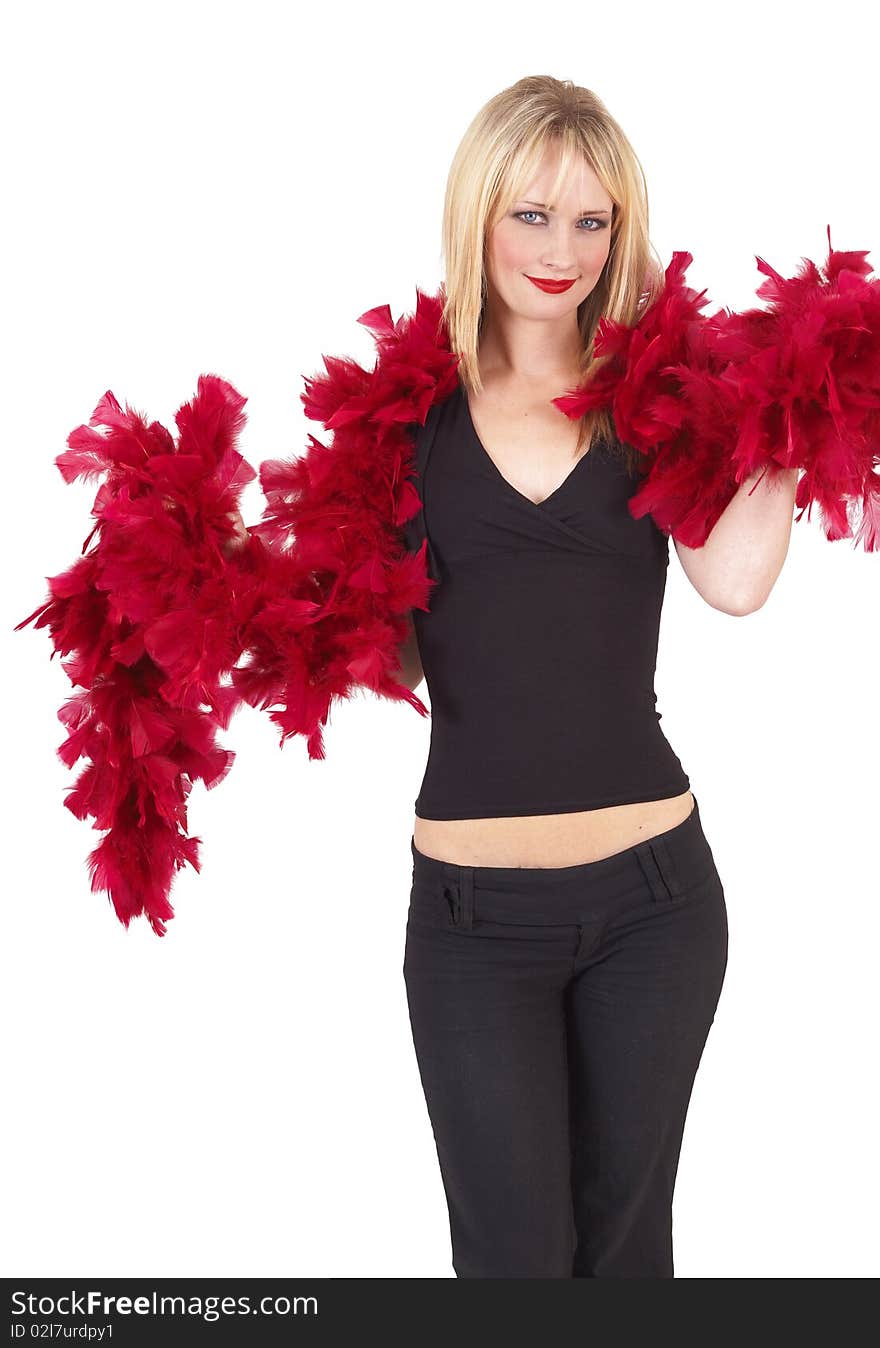 Portrait of a beautiful blonde woman with light blue eyes with a red boa on her shoulders on white background. Portrait of a beautiful blonde woman with light blue eyes with a red boa on her shoulders on white background