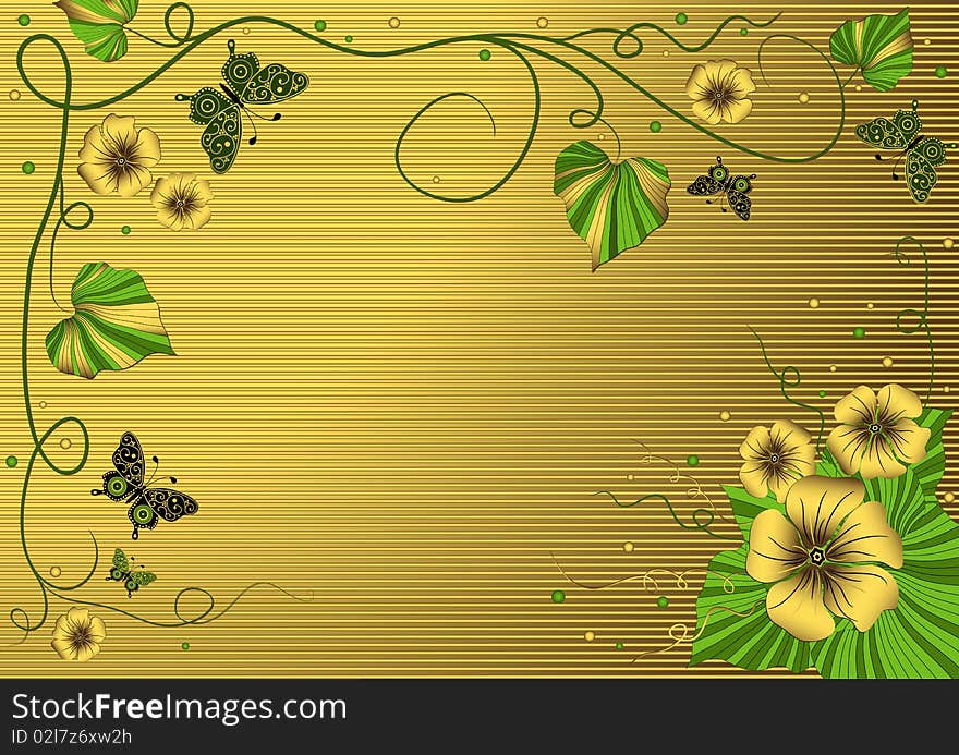 Decorative golden floral striped frame with garland and butterflies. Decorative golden floral striped frame with garland and butterflies