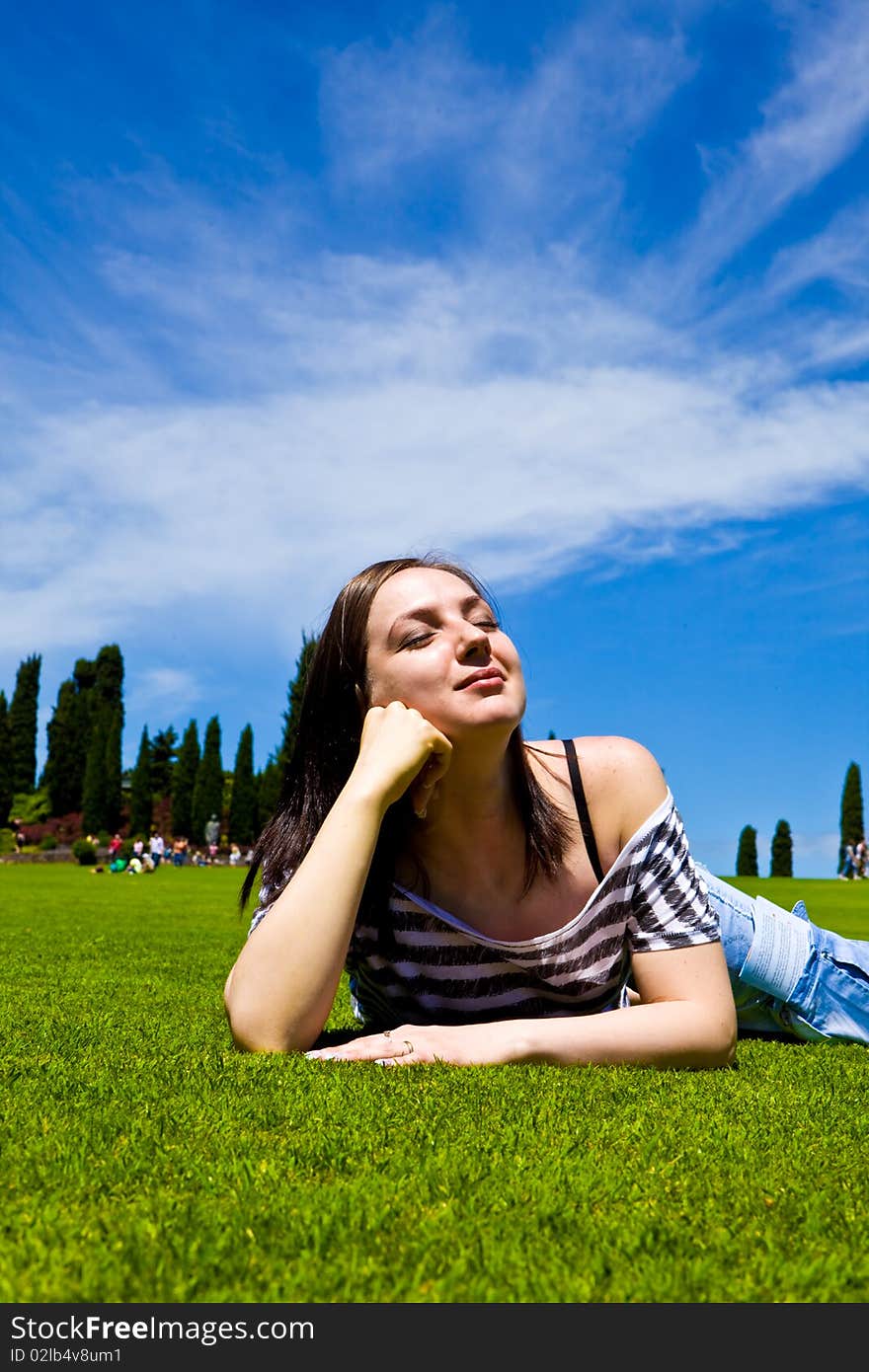 Beautiful Girl On Green Field