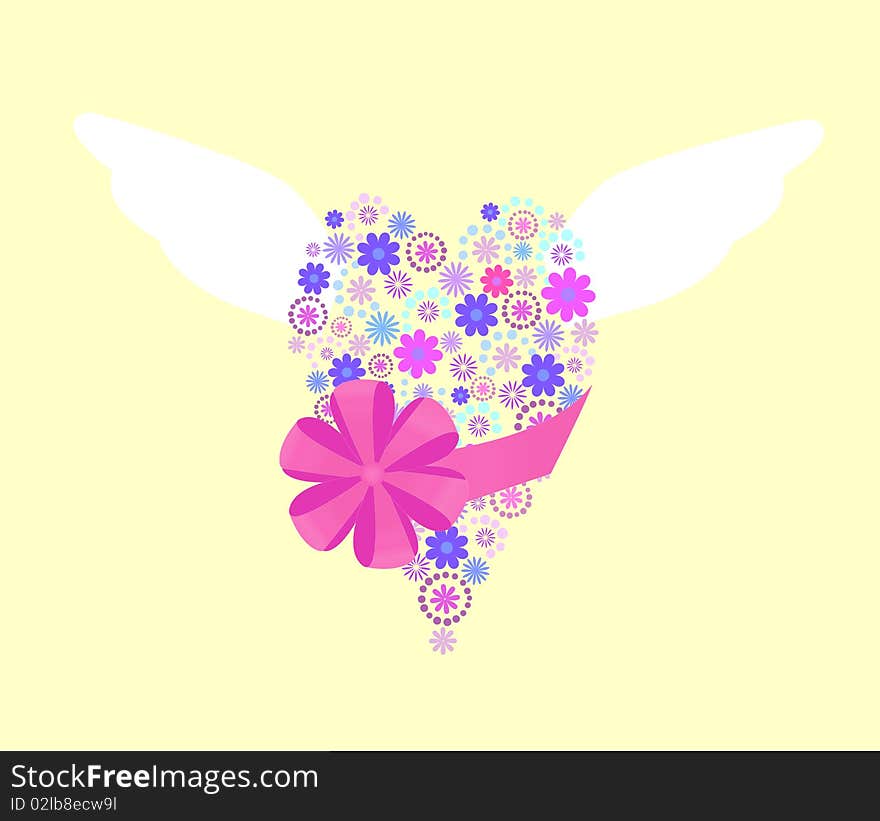 Flying heart which consists of flowers with bow