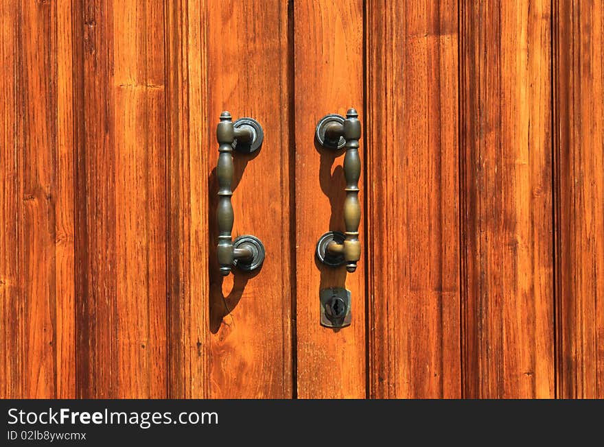 Photo of part of wood door with iron handle