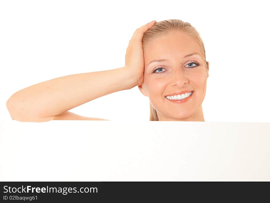 Caucasian blond woman peeping white board. Caucasian blond woman peeping white board