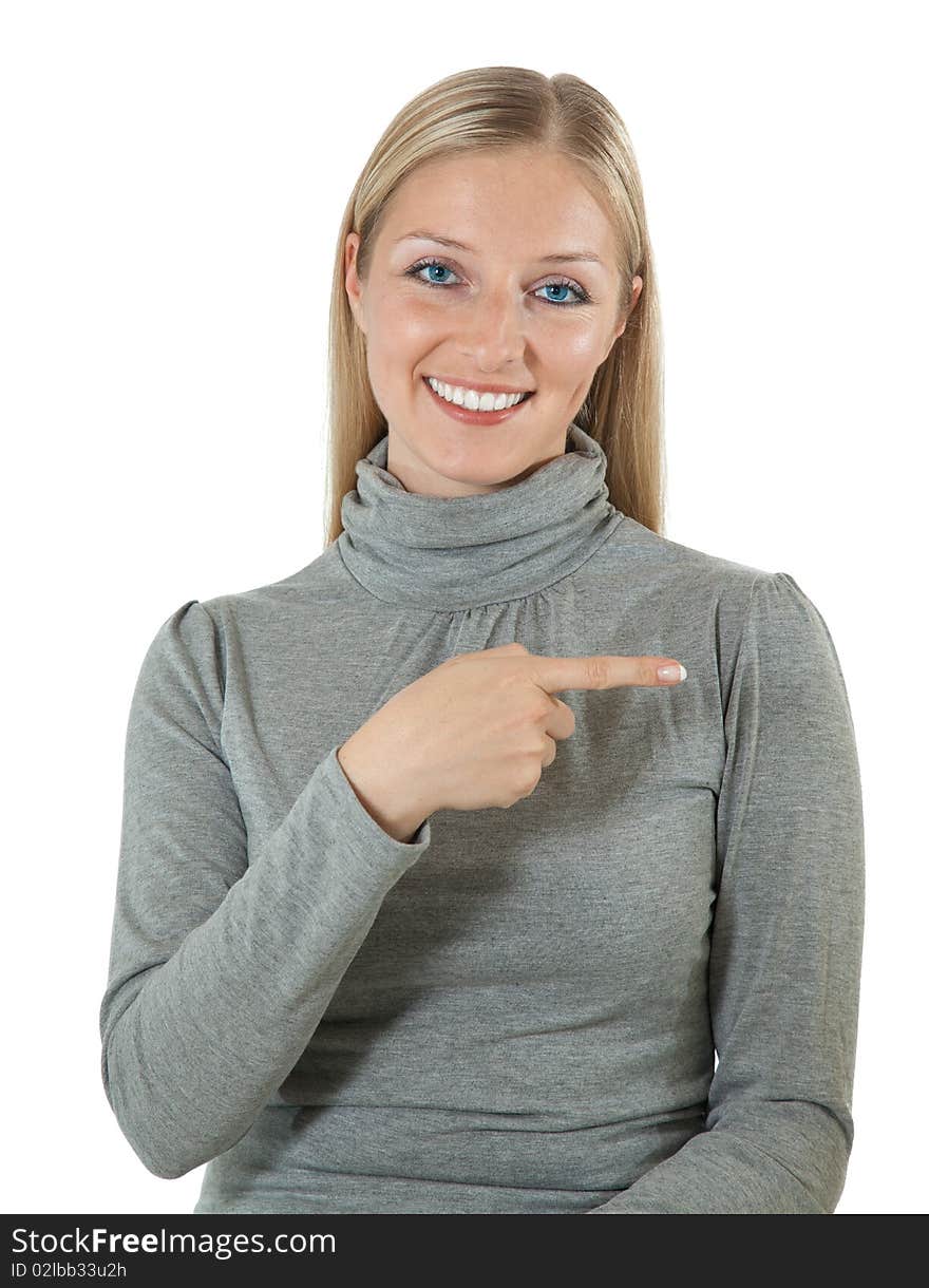 Isolated woman pointing hand, finger on isolated white background. Isolated woman pointing hand, finger on isolated white background