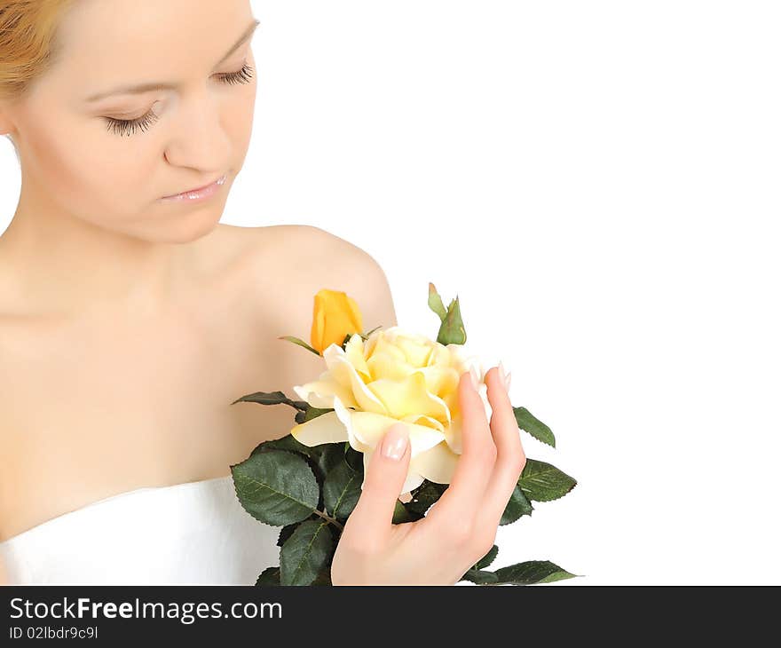 Beautiful Woman Holding Yellow Rose Plant