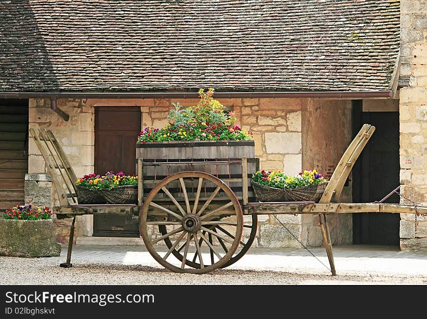 Old wheel cart with flowers on top