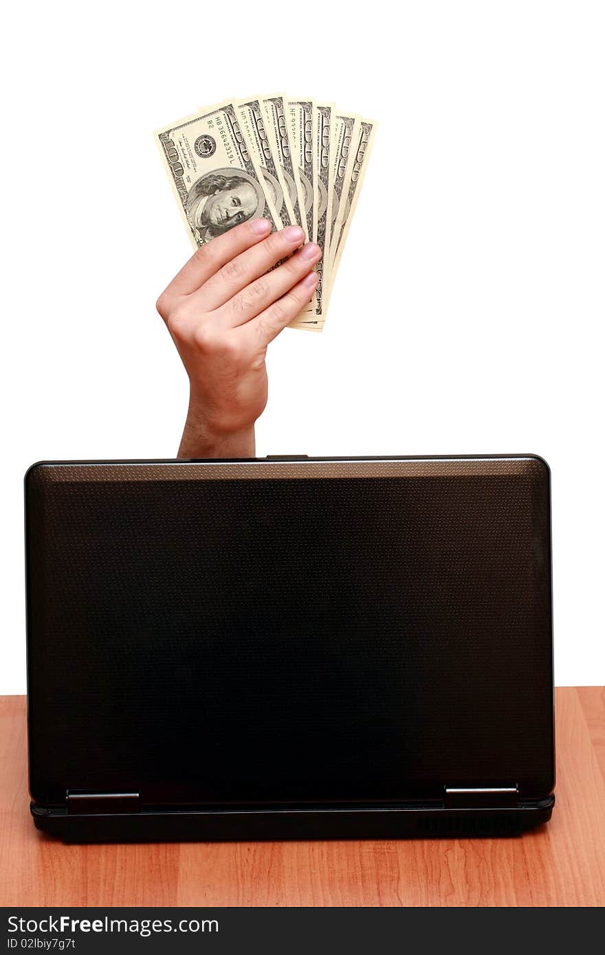 Man holds in his hand a lot of one hundred dollars and pays on white background