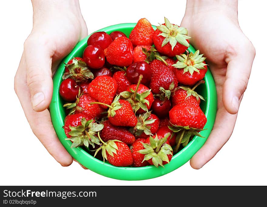 Mans Hands Keeping Plate With A Strawberry