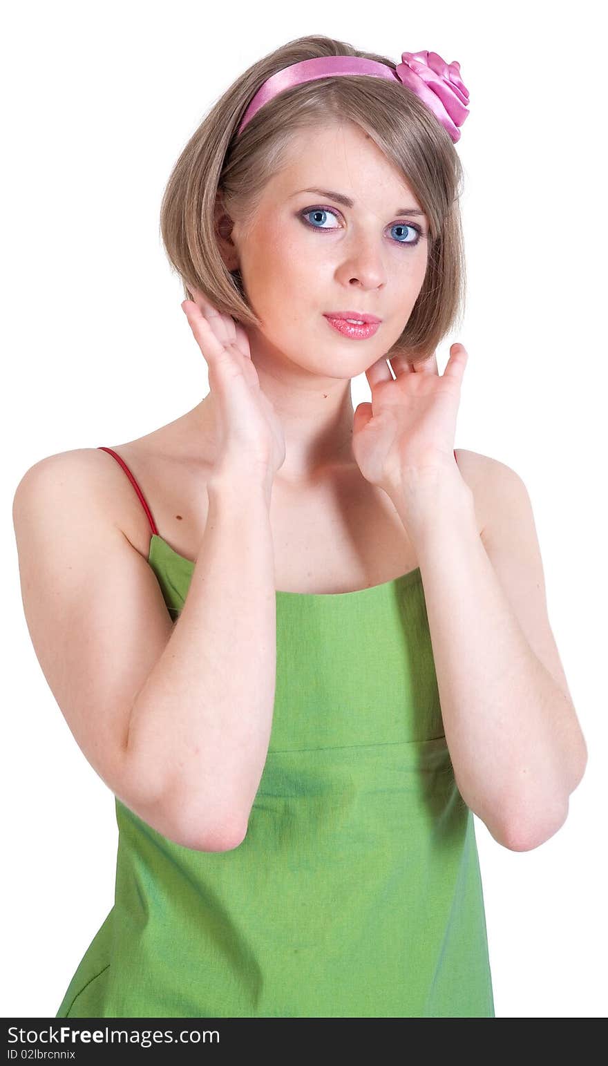 Beauty happy young woman in green dress (isolated on a white). Beauty happy young woman in green dress (isolated on a white)