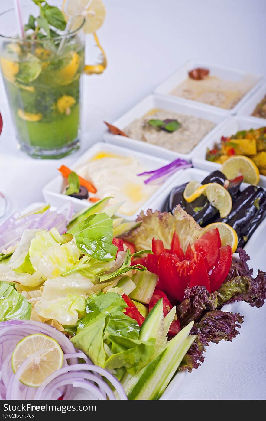 Selection of fresh salads in a restaurant