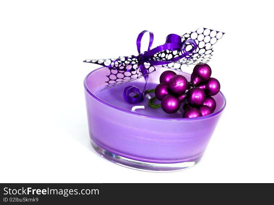 Round Violet Candle With Ribbon,on White