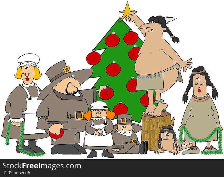 This illustration depicts a comical 1st Christmas with Pilgrims and Native American Indians decorating a Christmas tree. This illustration depicts a comical 1st Christmas with Pilgrims and Native American Indians decorating a Christmas tree.