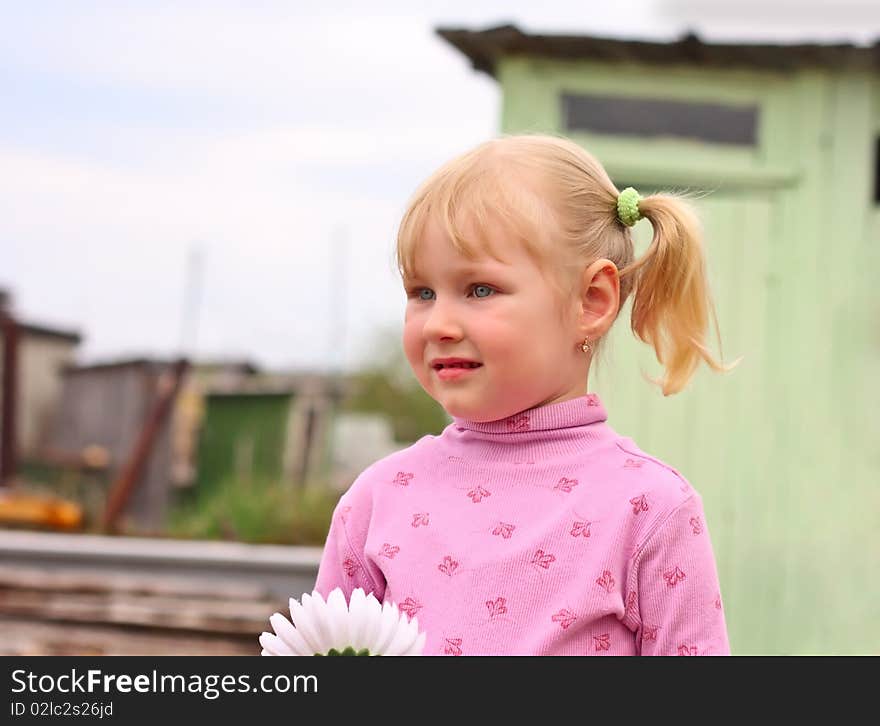 Girl with a flower in a pink blouse. Outdoor looks into the distance. Girl with a flower in a pink blouse. Outdoor looks into the distance