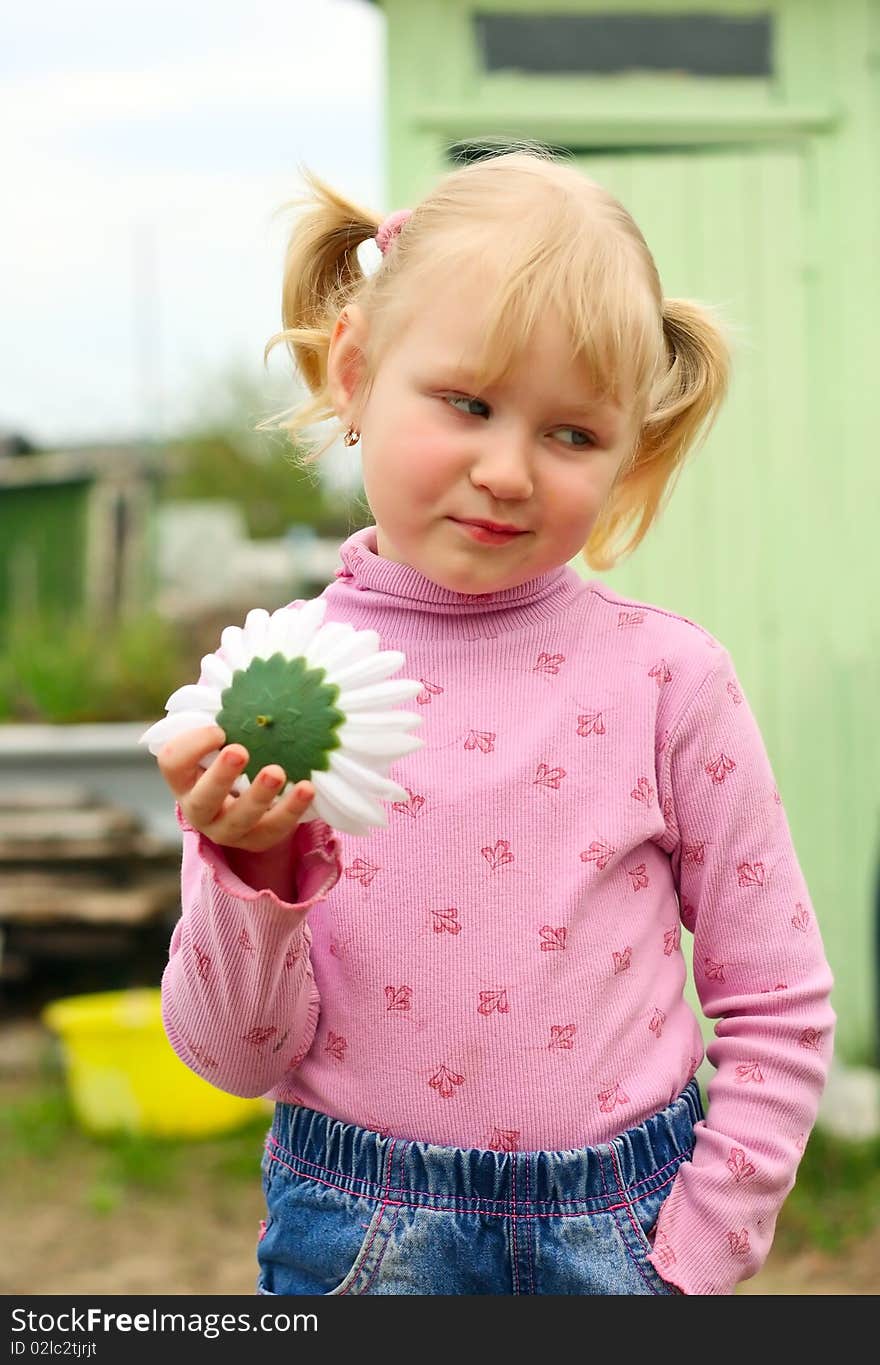 Girl with a flower in a pink blouse, in nature, hand in his pocket. With a grin on his face. Girl with a flower in a pink blouse, in nature, hand in his pocket. With a grin on his face.