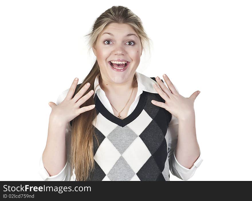 Close-up of a young woman looking surprised against white background