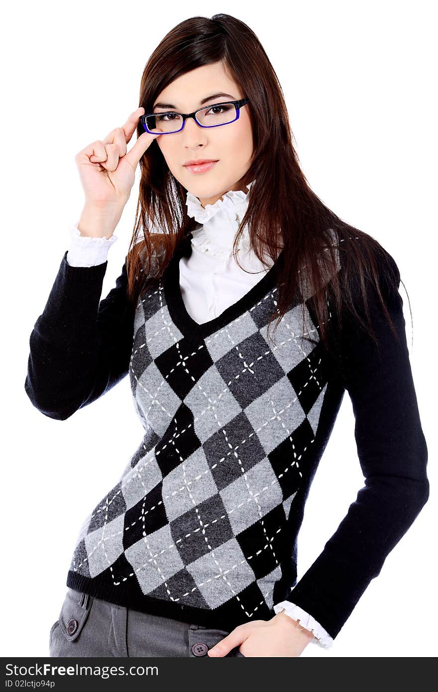 Beautiful young woman posing in business suit and glasses. Isolated over white background. Beautiful young woman posing in business suit and glasses. Isolated over white background.