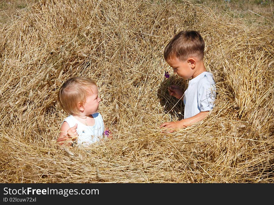 Two kids playing in hay. Two kids playing in hay