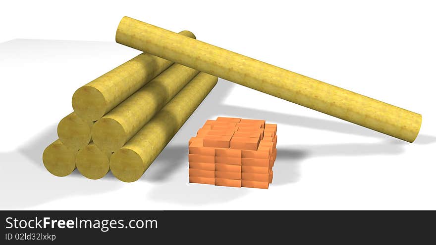 The logs combined by a pile with a laying log across, the combined brick nearby lays. Logs and bricks are meant as building materials. The logs combined by a pile with a laying log across, the combined brick nearby lays. Logs and bricks are meant as building materials.