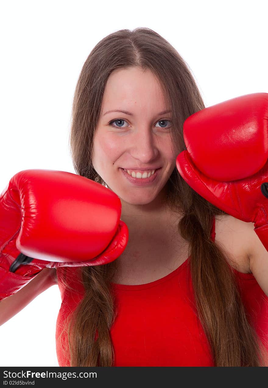 Boxing woman over white background