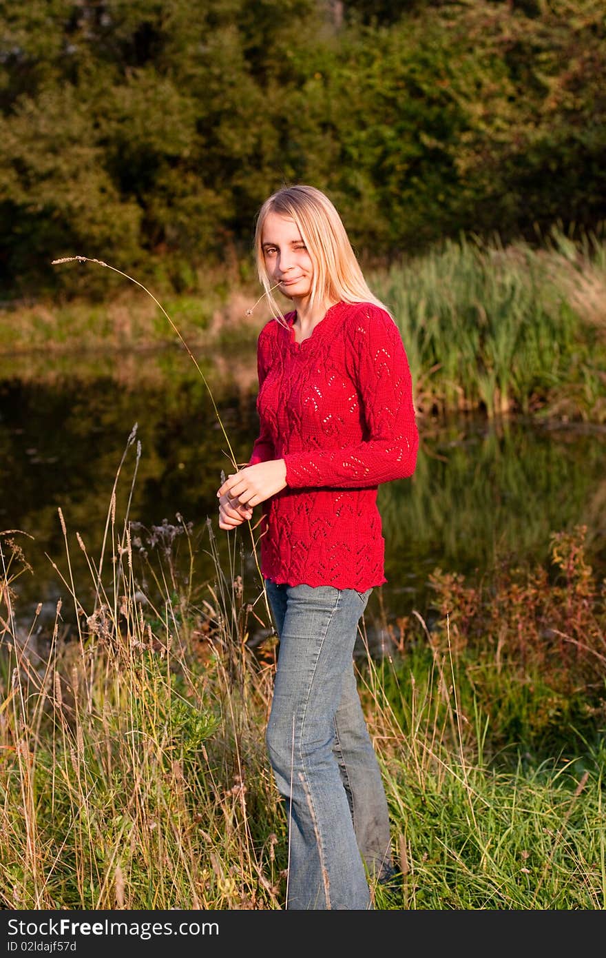 Girl in red pullover