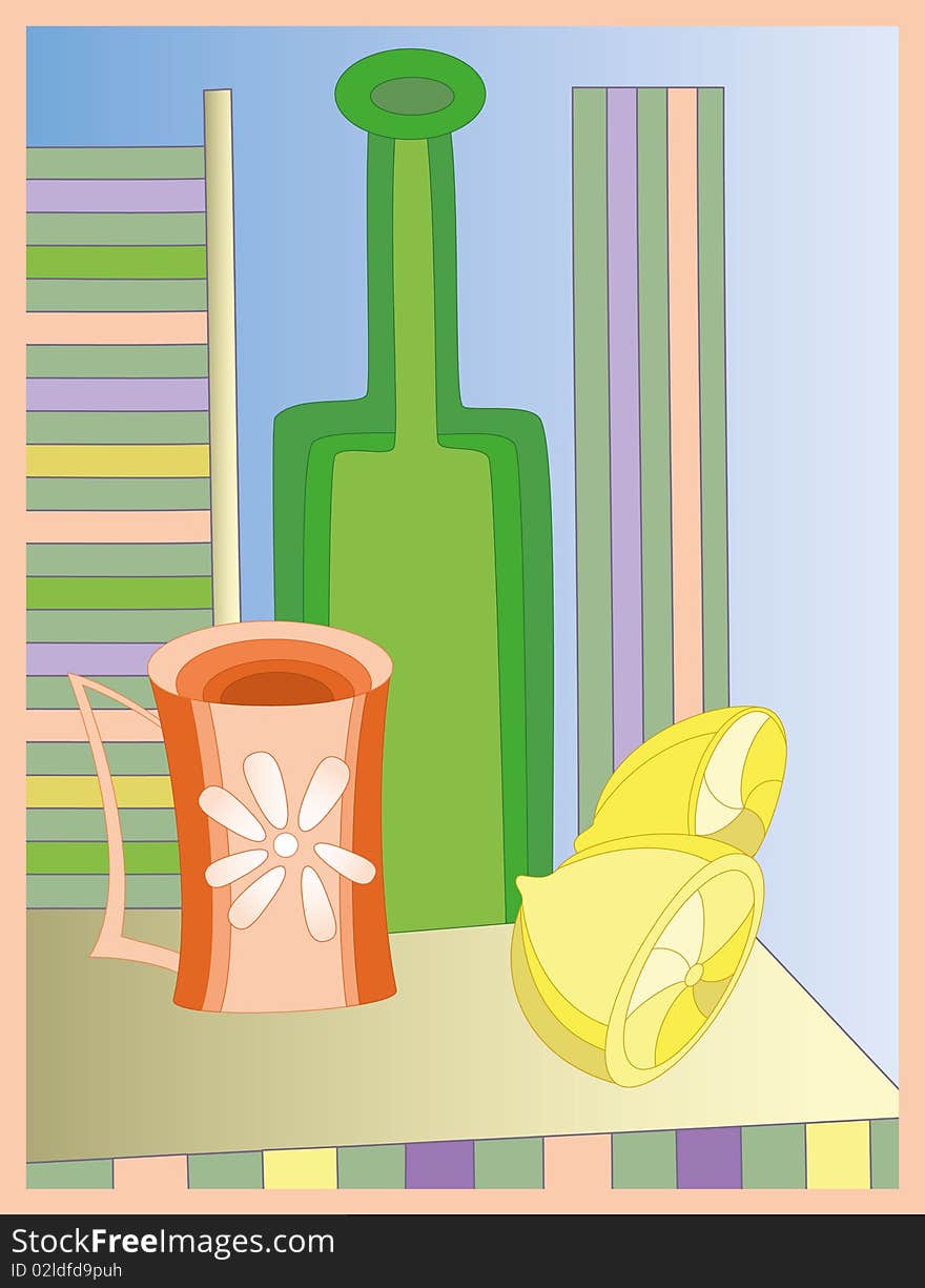 Bottle With Cup And Two Lemons On The Table