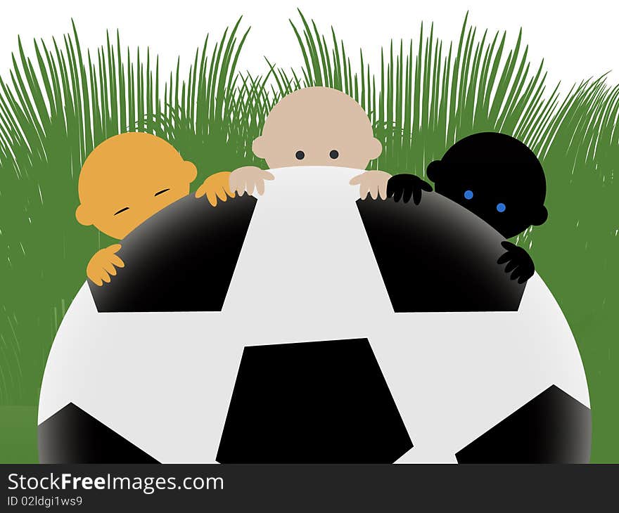 Three multiracial babies with football on grass. Three multiracial babies with football on grass