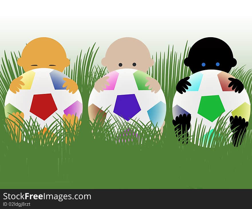 Three multiracial babies with footballs on grass