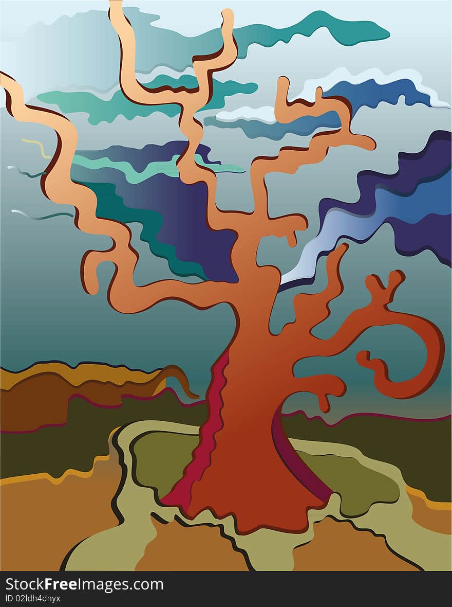 Illustration of a tree growing from crack. High resolution (6000 x 7563px) JPG preview.