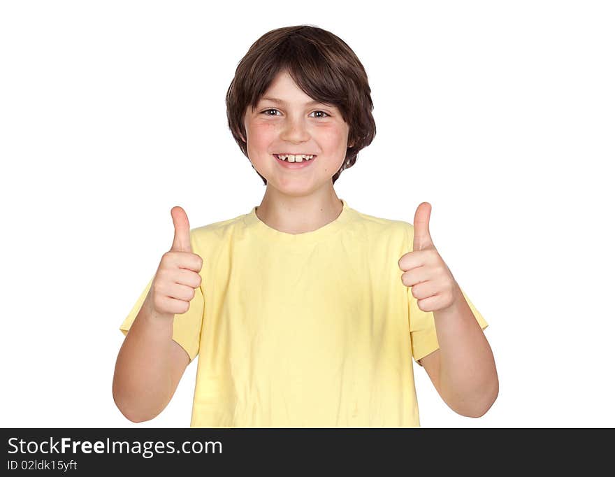 Funny portrait of freckled boy accepting isolated on white background