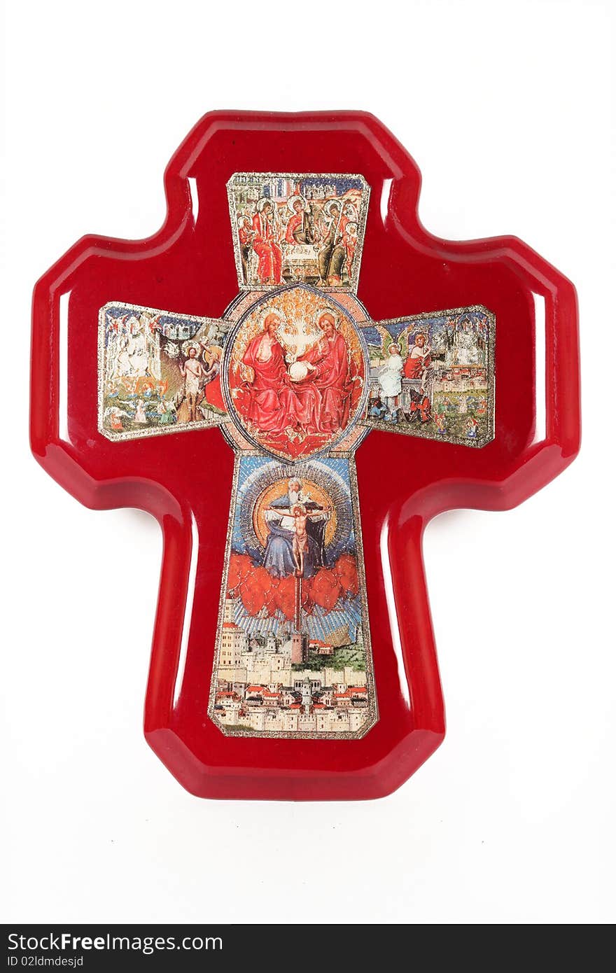 Wooden religious cross isolated with religious draws