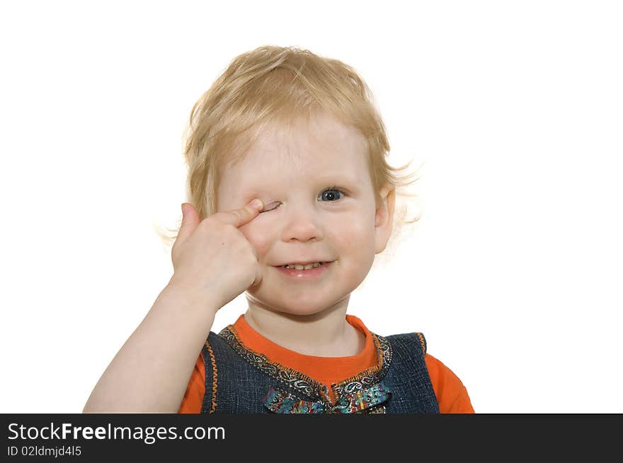 Small girl on white background has closed eye. Small girl on white background has closed eye