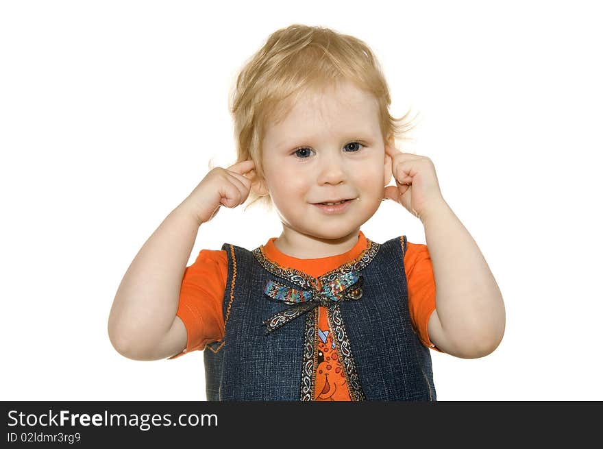 Small girl has closed ears on white background