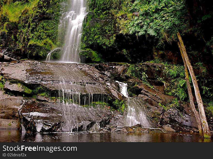 Waterfall with a pool and rocks in lush green vegetation