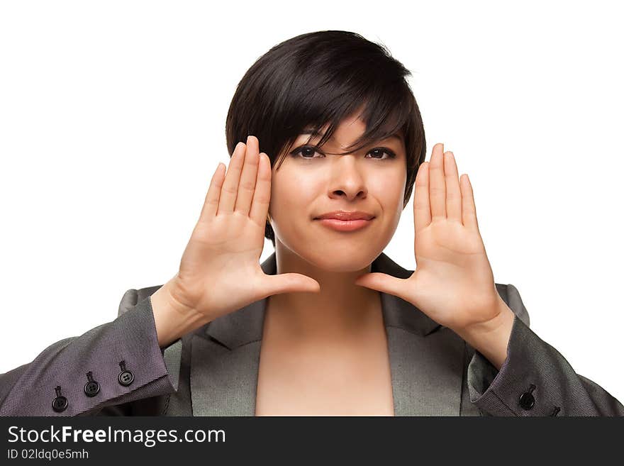 Pretty Smiling Multiethnic Young Adult Woman Framing Her Face with Her Hands Isolated on a White Background.