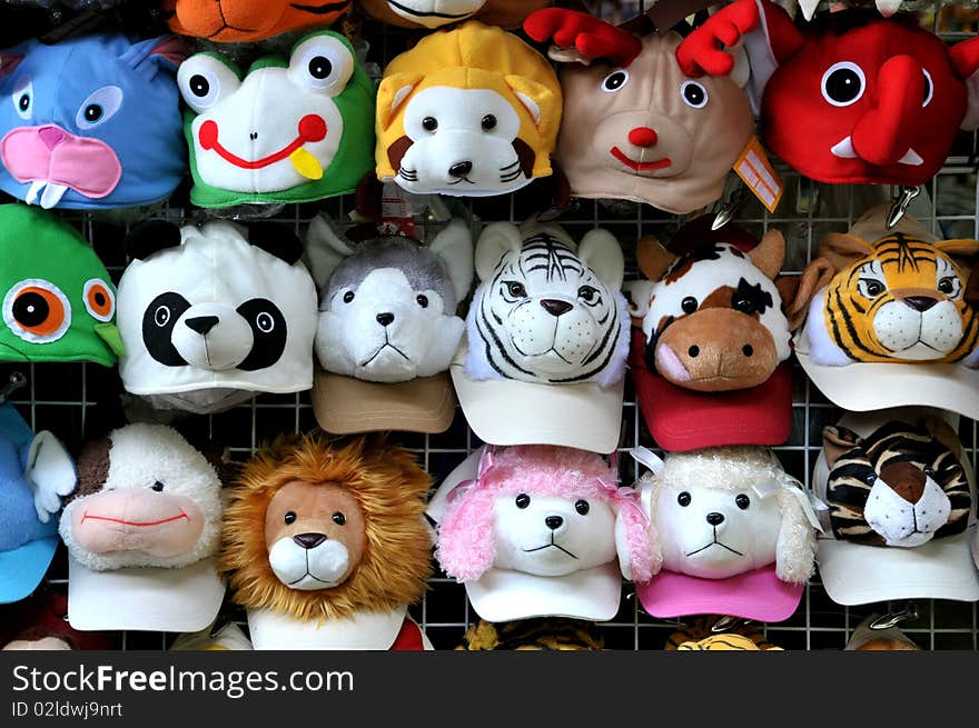 Colorful animal face cap. Taken from a hundred year old market in Thailand