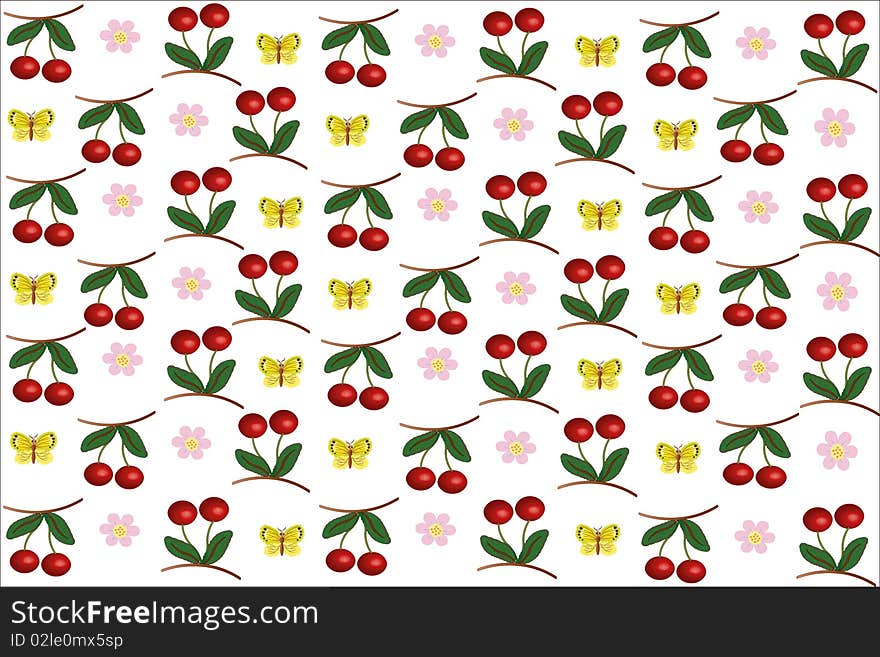 White background with cherry,flowers,butterflies