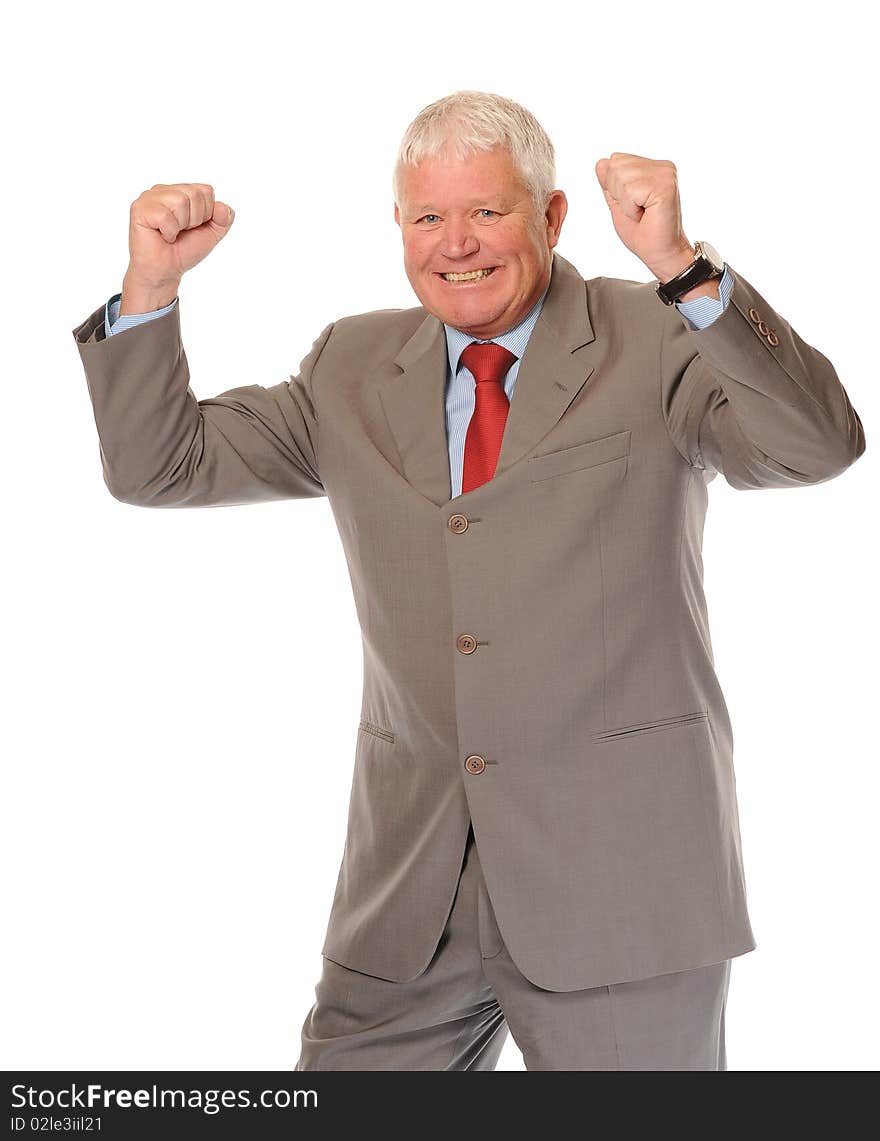 Successful mature business man on white background, celebrating. Successful mature business man on white background, celebrating